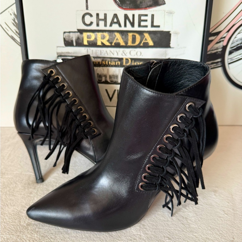 New Black Leather Fringe Pointed Toe Stiletto Heel Boots with Zipper